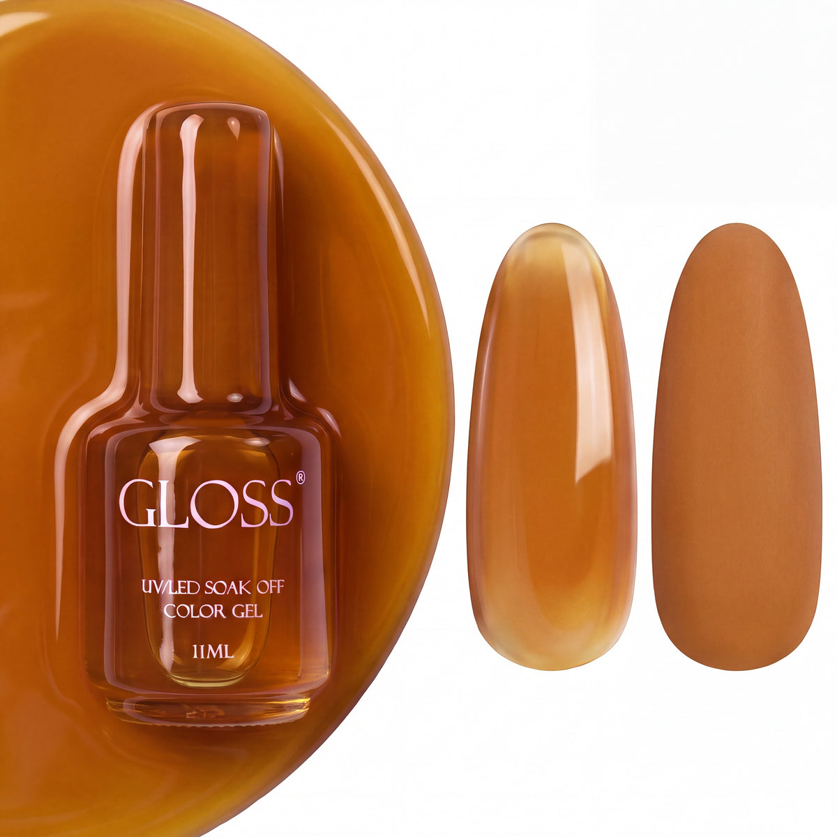 GLOSS gel polish 544 Brick, 11 ml bottle with glossy and matte nail swatches