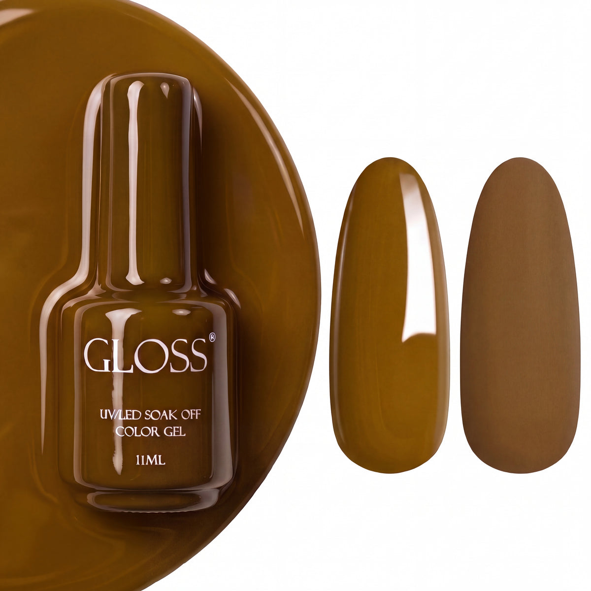 GLOSS gel polish 545 Light Brown, 11 ml bottle with glossy and matte nail swatches