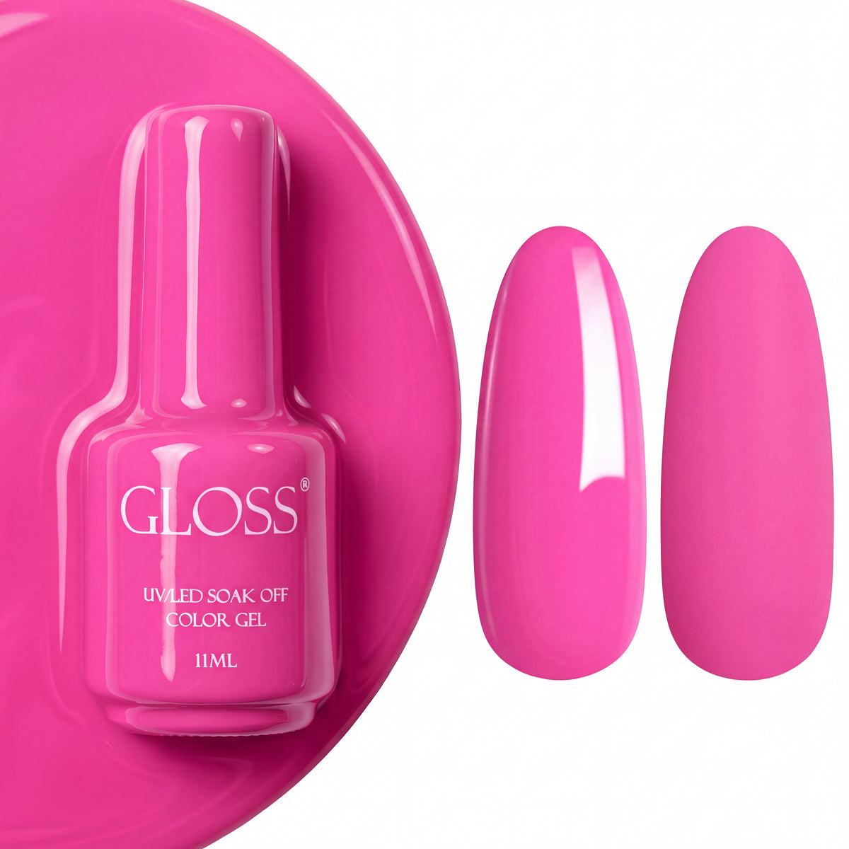 GLOSS gel polish 547 Pink Rose, 11 ml bottle with glossy and matte nail swatches