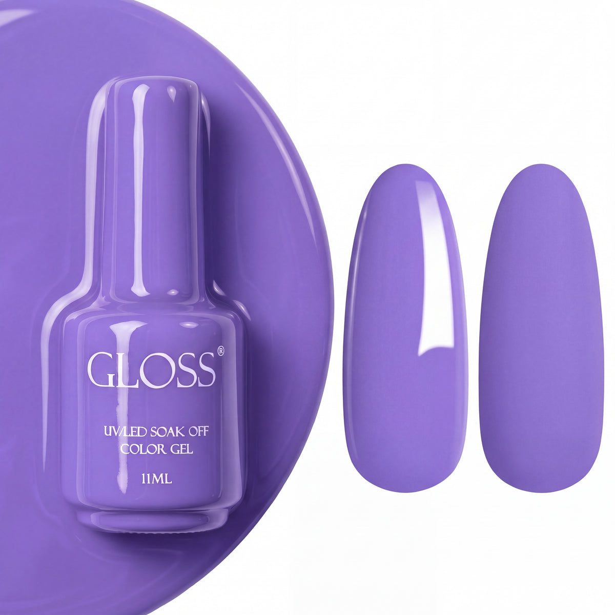 GLOSS gel polish 549 Delicate Purple, 11 ml bottle with glossy and matte nail swatches
