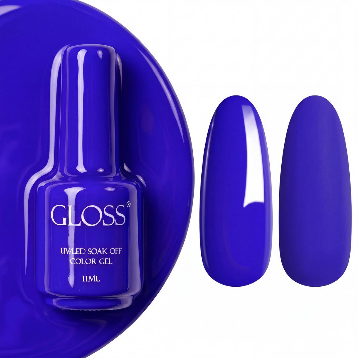 GLOSS gel polish 550 Saturated Cornflower, 11 ml bottle with glossy and matte nail swatches