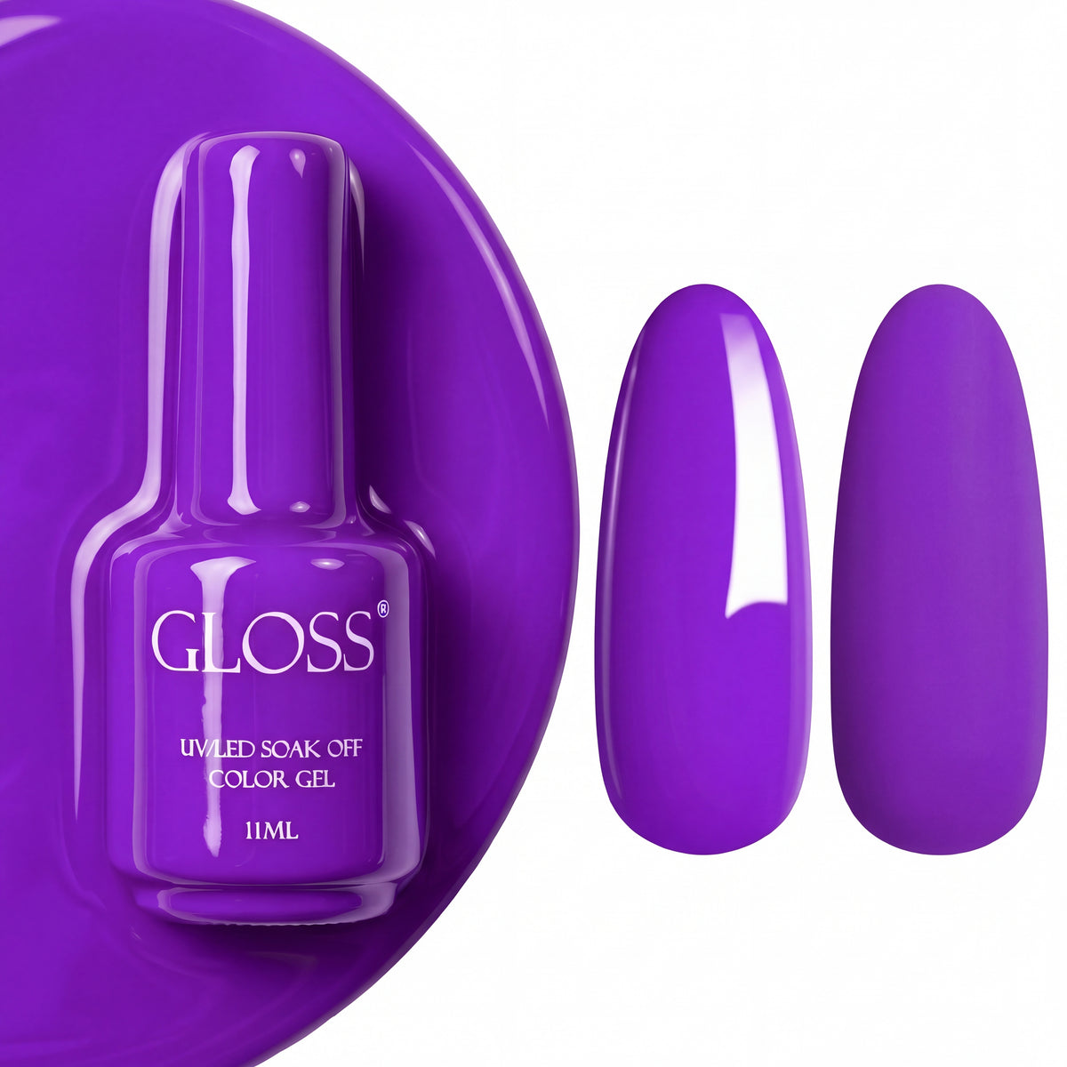GLOSS gel polish 551 Dark Orchid, 11 ml bottle with glossy and matte nail swatches