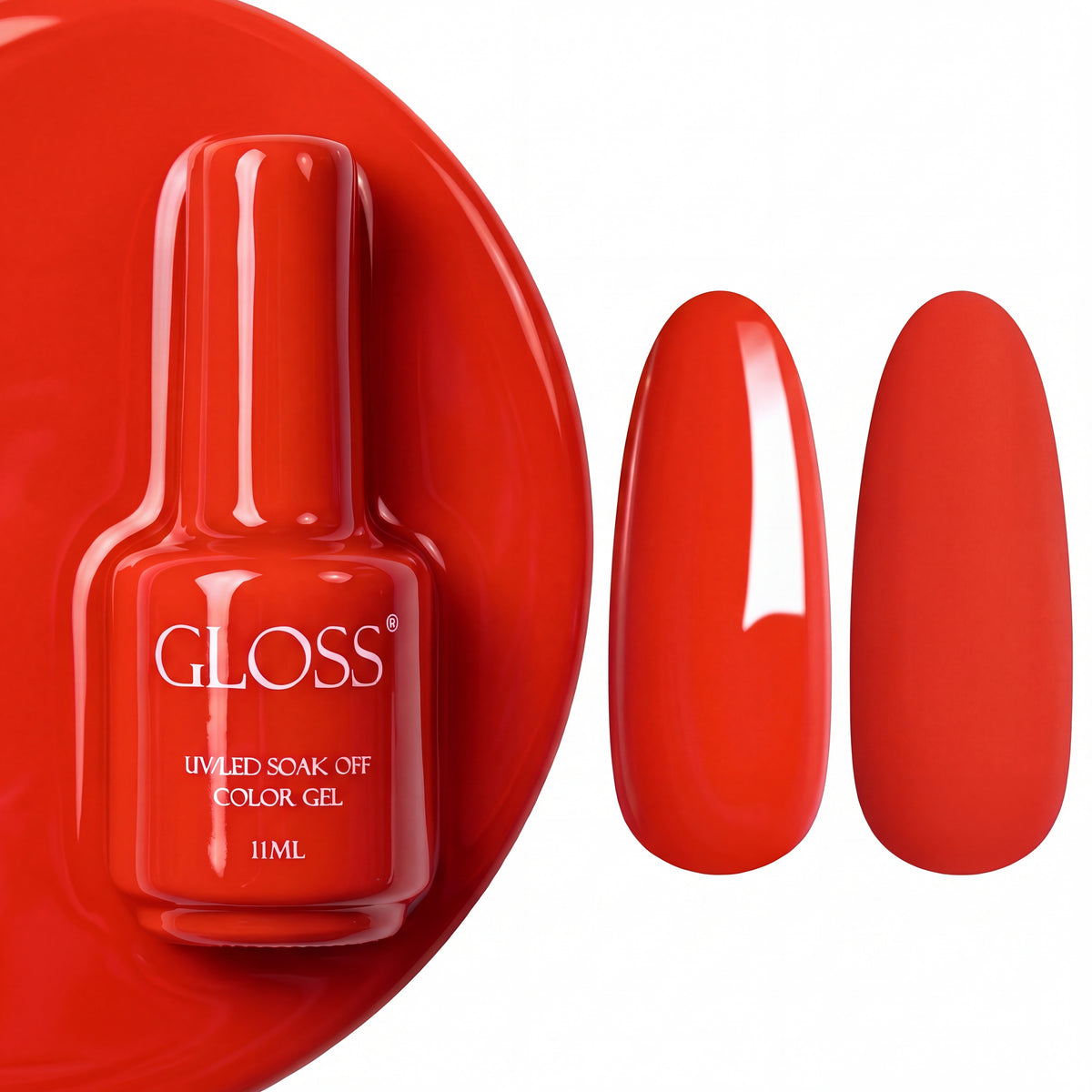 GLOSS gel polish 700 Red Fire, 11 ml bottle with glossy and matte nail swatches