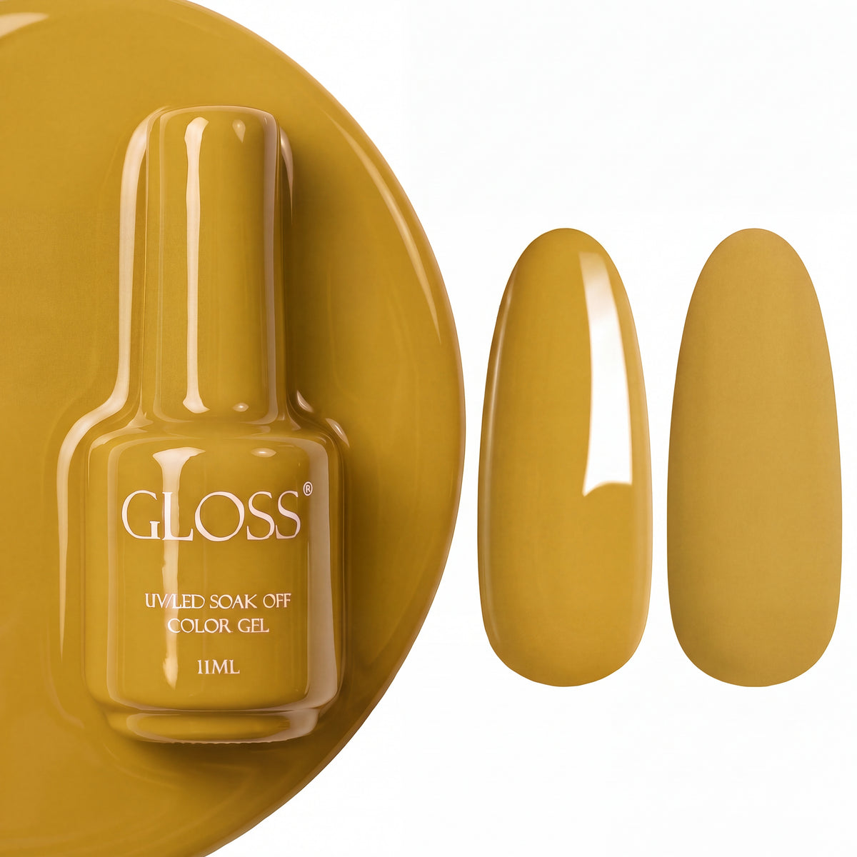 GLOSS gel polish 701 Marigold, 11 ml bottle with glossy and matte nail swatches