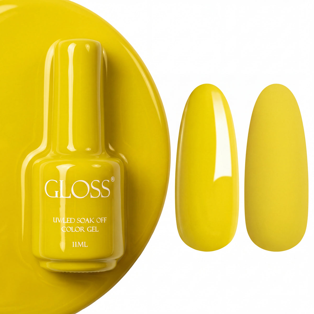 GLOSS gel polish 702 Lemon Lime, 11 ml bottle with glossy and matte nail swatches