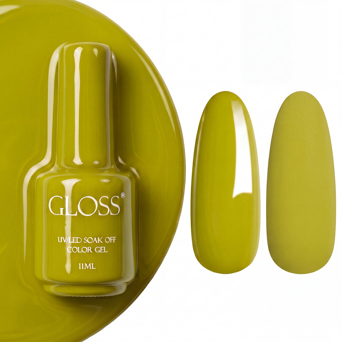 GLOSS gel polish 703 Olive Glow, 11 ml bottle with glossy and matte nail swatches