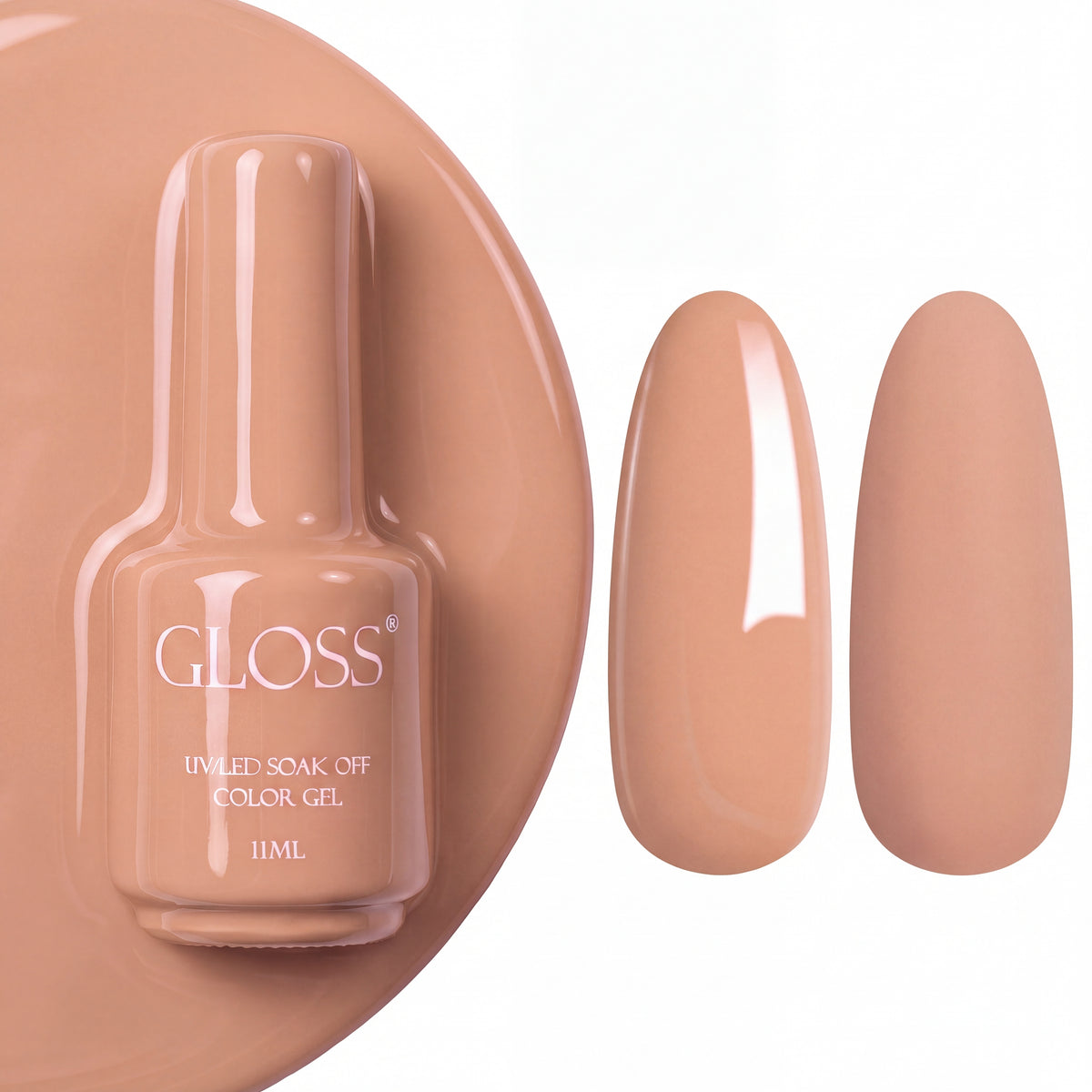 GLOSS gel polish 705 Blush Nude, 11 ml bottle with glossy and matte nail swatches