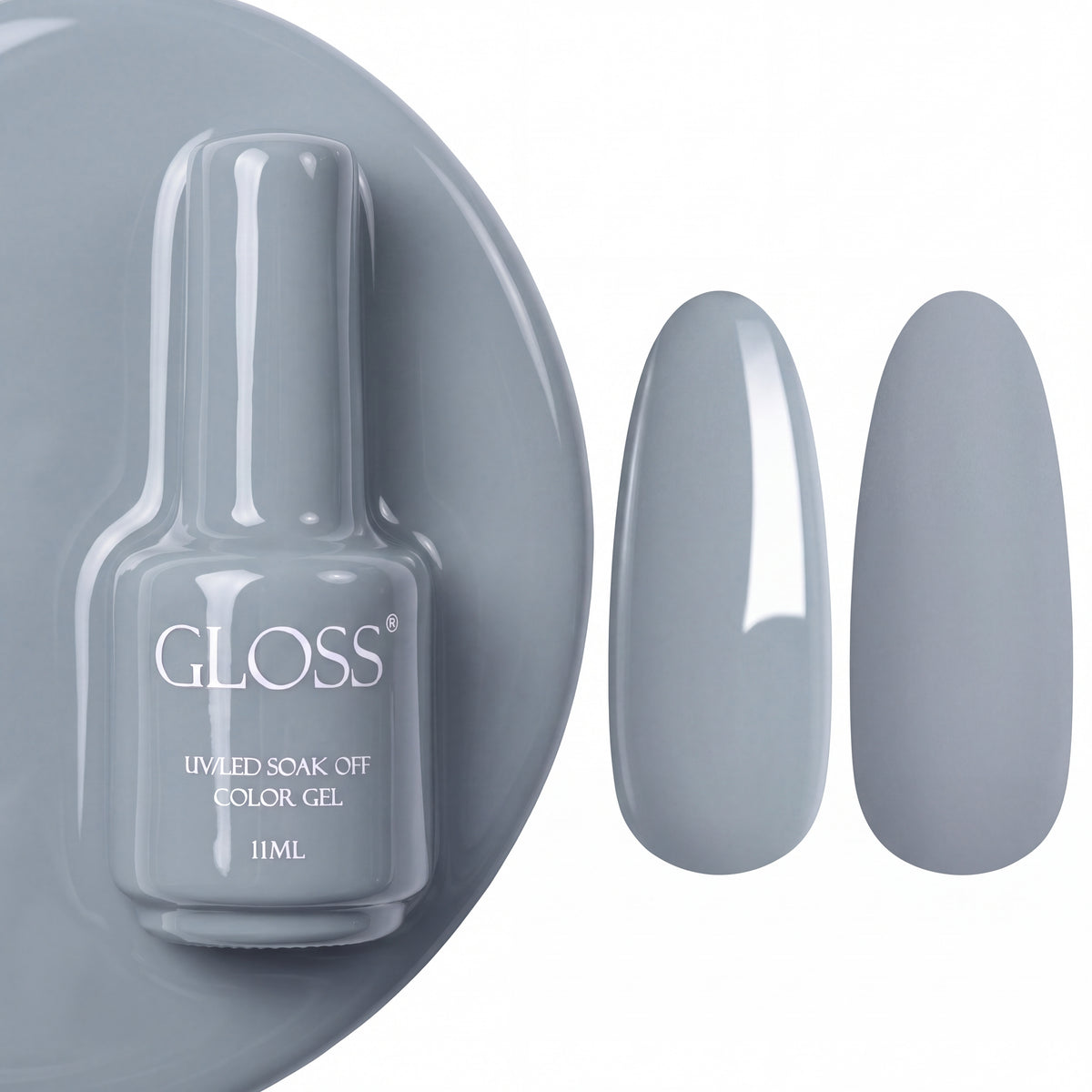 GLOSS gel polish 706 Ice Blue, 11 ml bottle with glossy and matte nail swatches