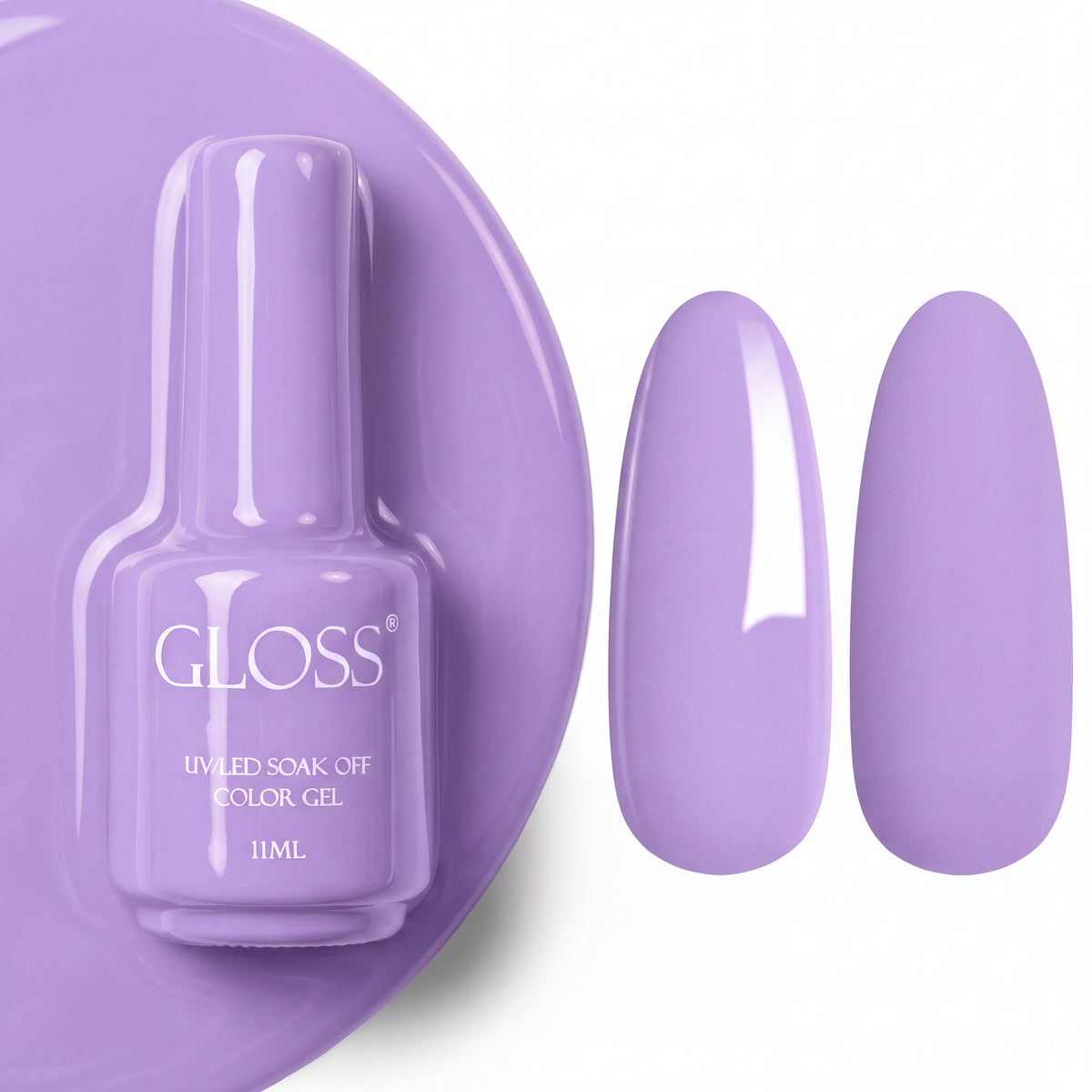 GLOSS gel polish 707 Lavender Dream, 11 ml bottle with glossy and matte nail swatches