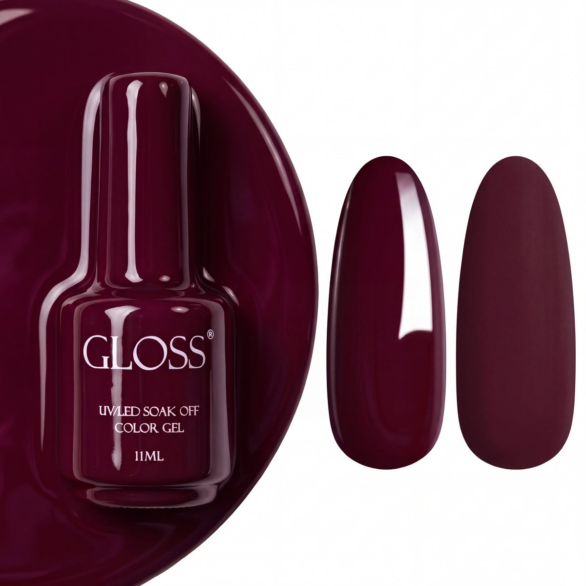 GLOSS gel polish 708 Blackberry Wine, 11 ml bottle with glossy and matte nail swatches