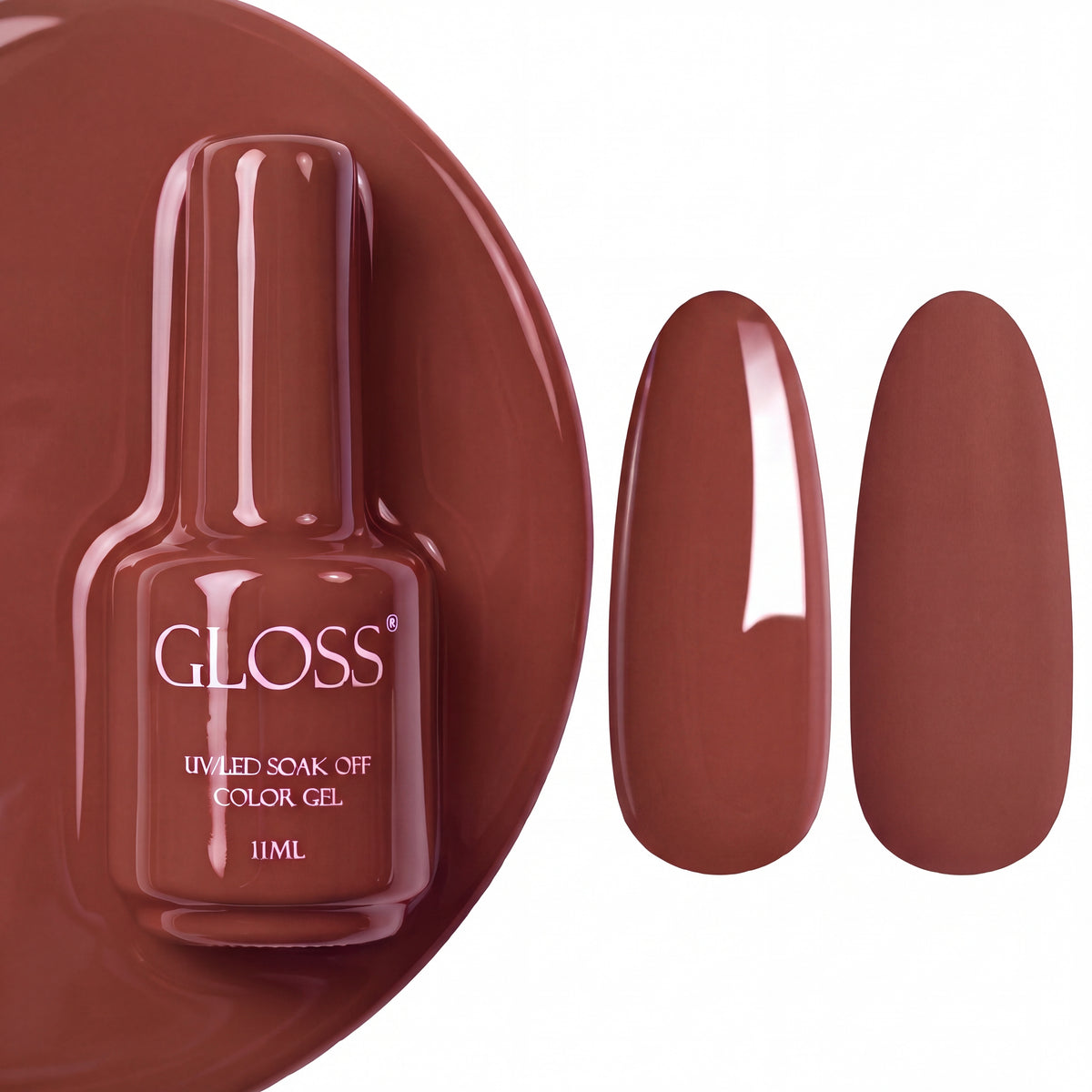 GLOSS gel polish 709 Rosewood, 11 ml bottle with glossy and matte nail swatches