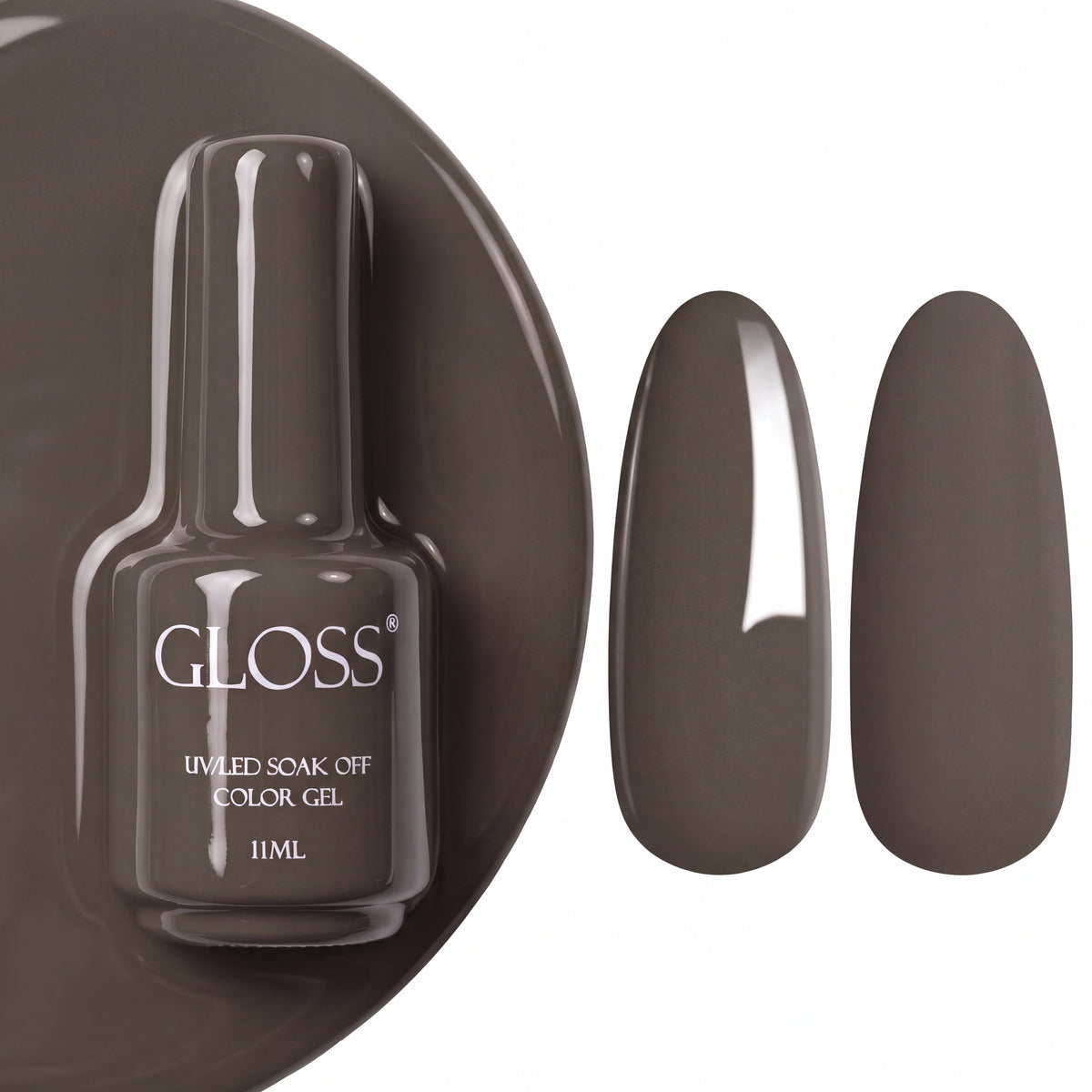 GLOSS gel polish 710 Taupe Beige, 11 ml bottle with glossy and matte nail swatches