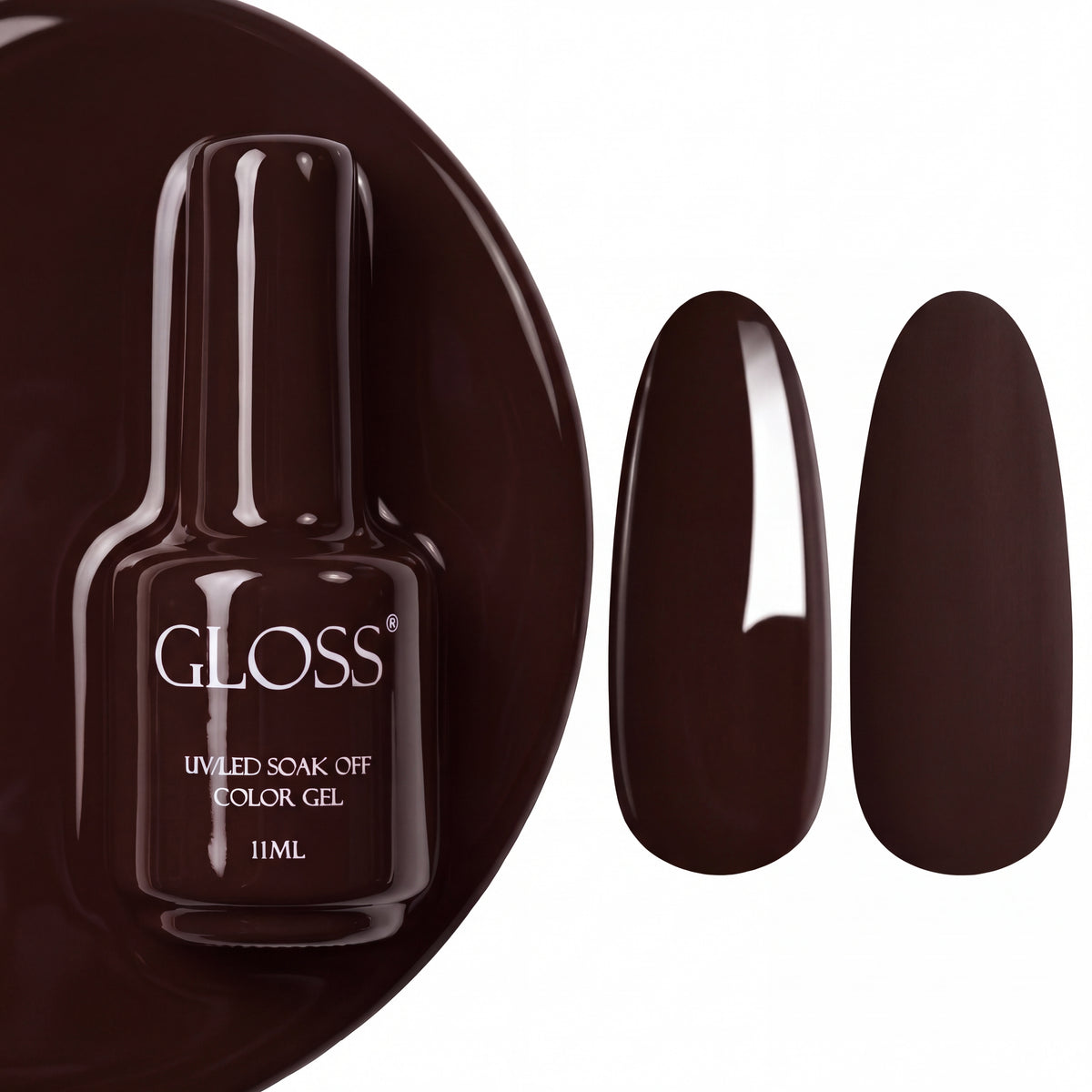 GLOSS gel polish 711 Cool Espresso, 11 ml bottle with glossy and matte nail swatches