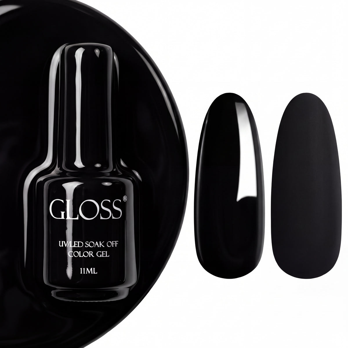 GLOSS gel polish 713 Blue Black, 11 ml bottle with glossy and matte nail swatches