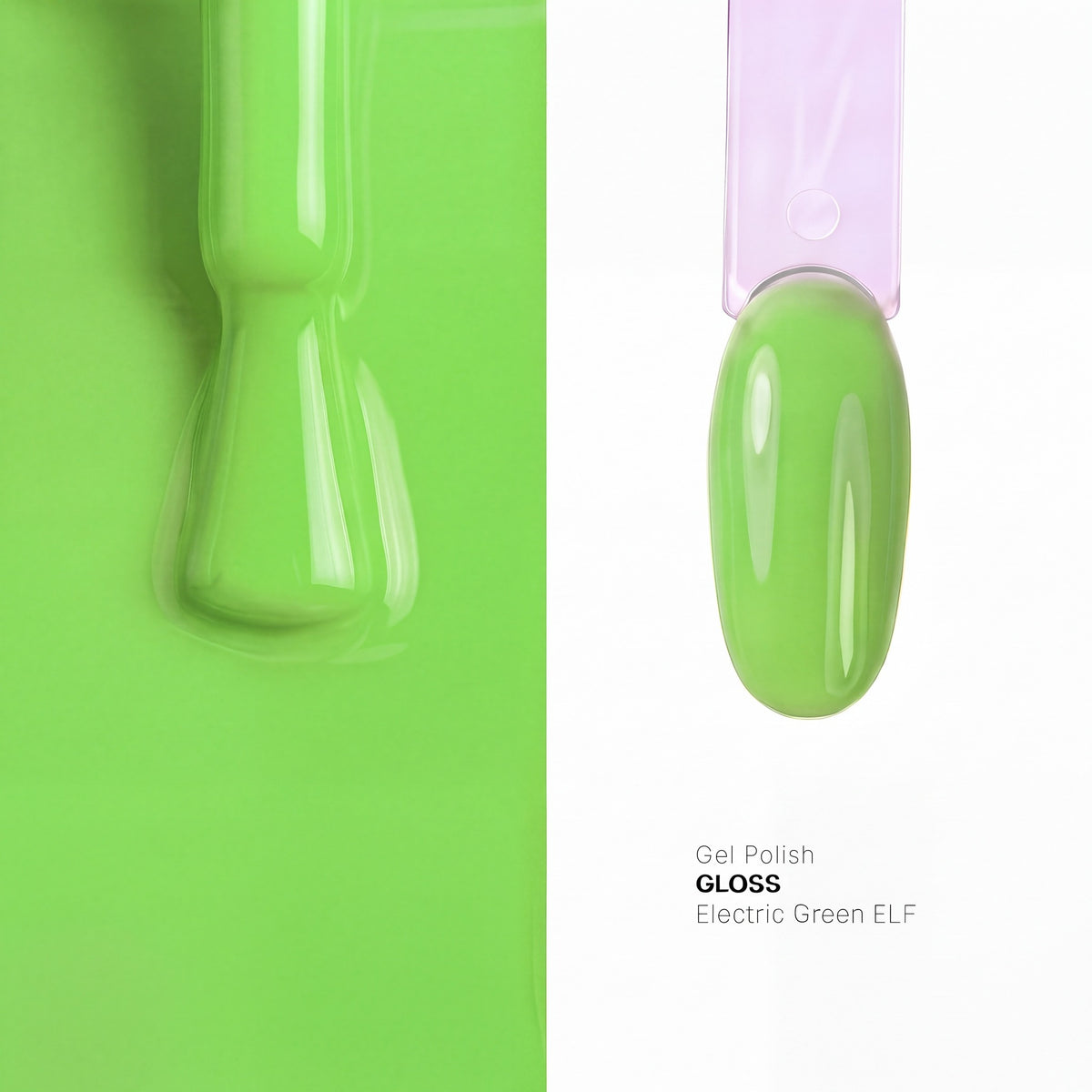 Brush and nail tip swatch of GLOSS Electric Green glow in the dark gel polish