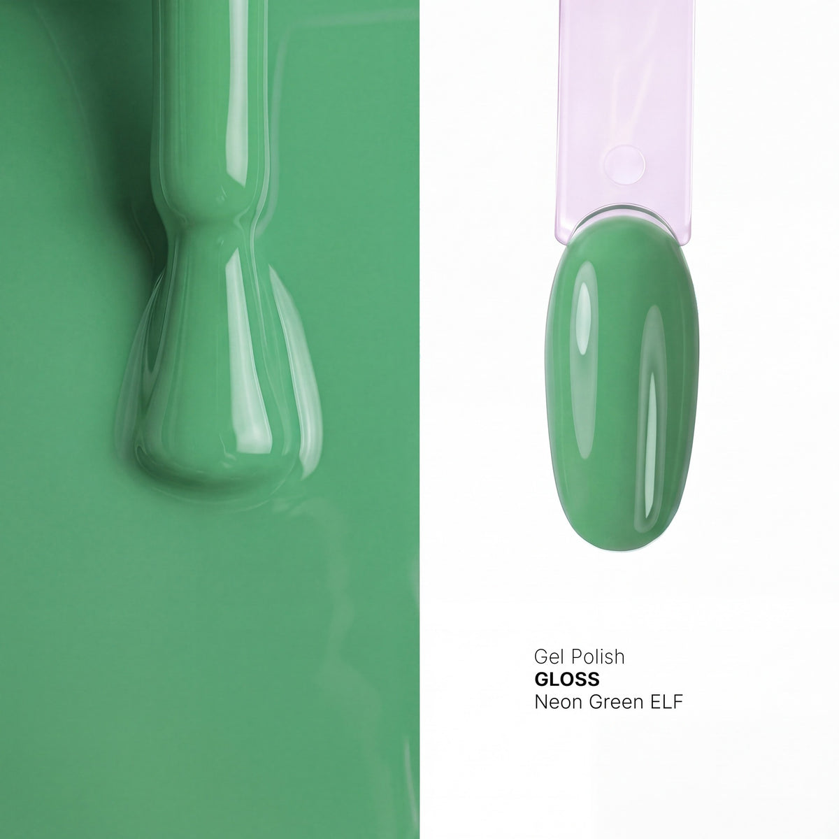 Brush and nail tip swatch of GLOSS Neon Green glow in the dark gel polish