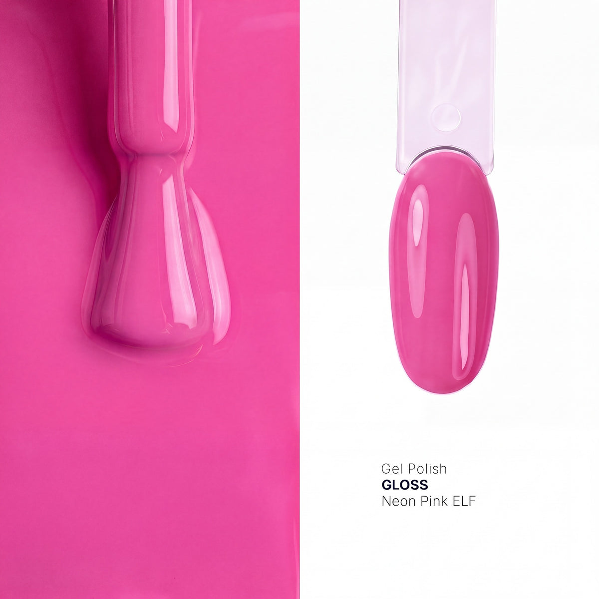 Brush and nail tip swatch of GLOSS Neon Pink glow in the dark gel polish