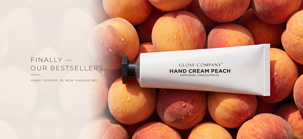 GLOSS Hand Cream Peach 30 ml on fresh peaches. Finally, our bestsellers: hand creams in new packaging