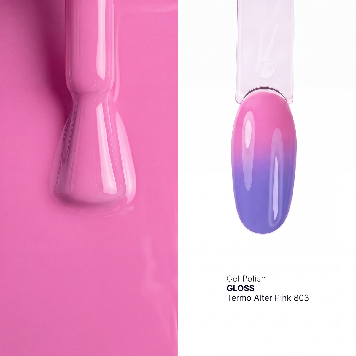 Brush and nail tip swatch of GLOSS 803 Alter Pink thermal gel polish