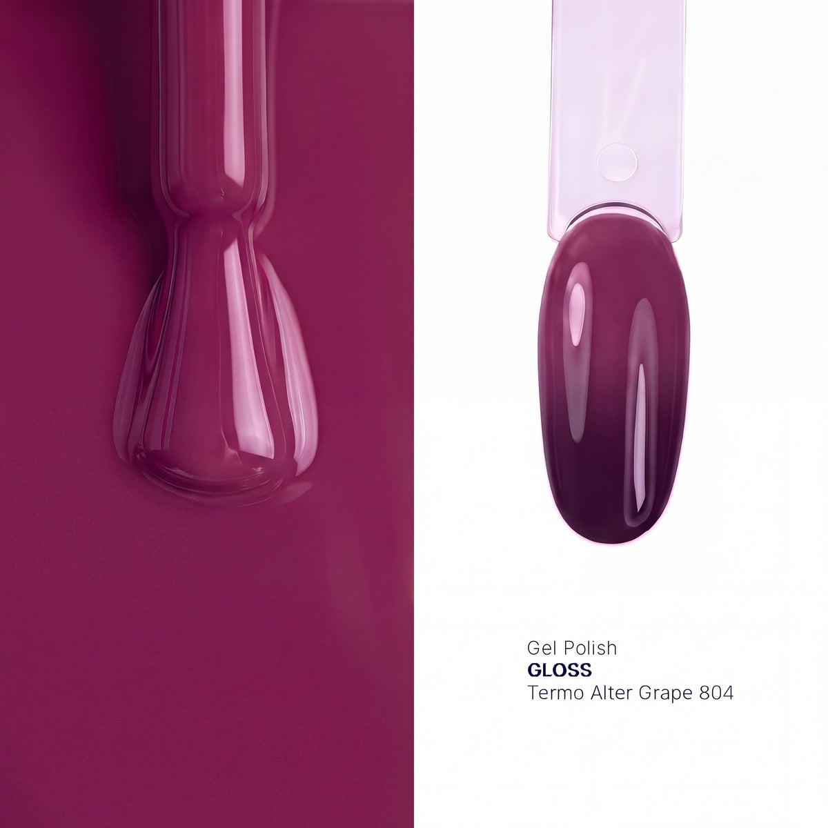 Brush and nail tip swatch of GLOSS 804 Alter Grape thermal gel polish