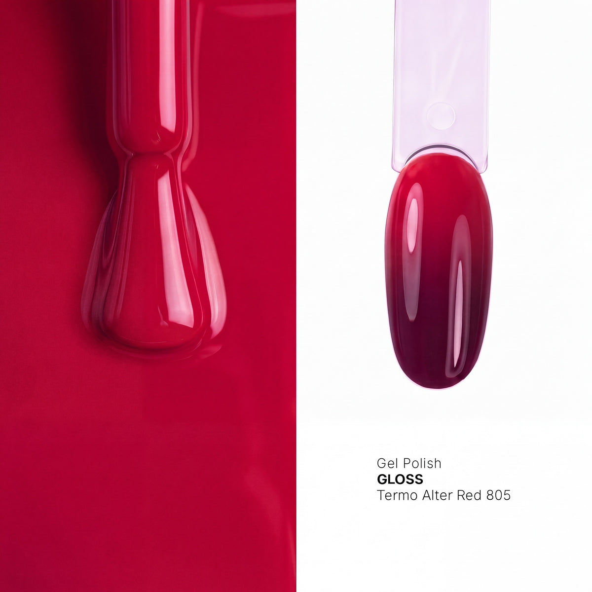 Brush and nail tip swatch of GLOSS 805 Alter Red thermal gel polish