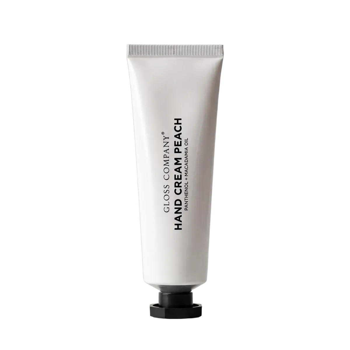GLOSS Hand Cream Peach, 30 ml white tube with black cap, panthenol and macadamia oil